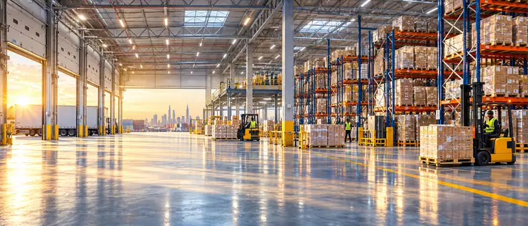 Industrial warehouse interior with shelving and freight operations